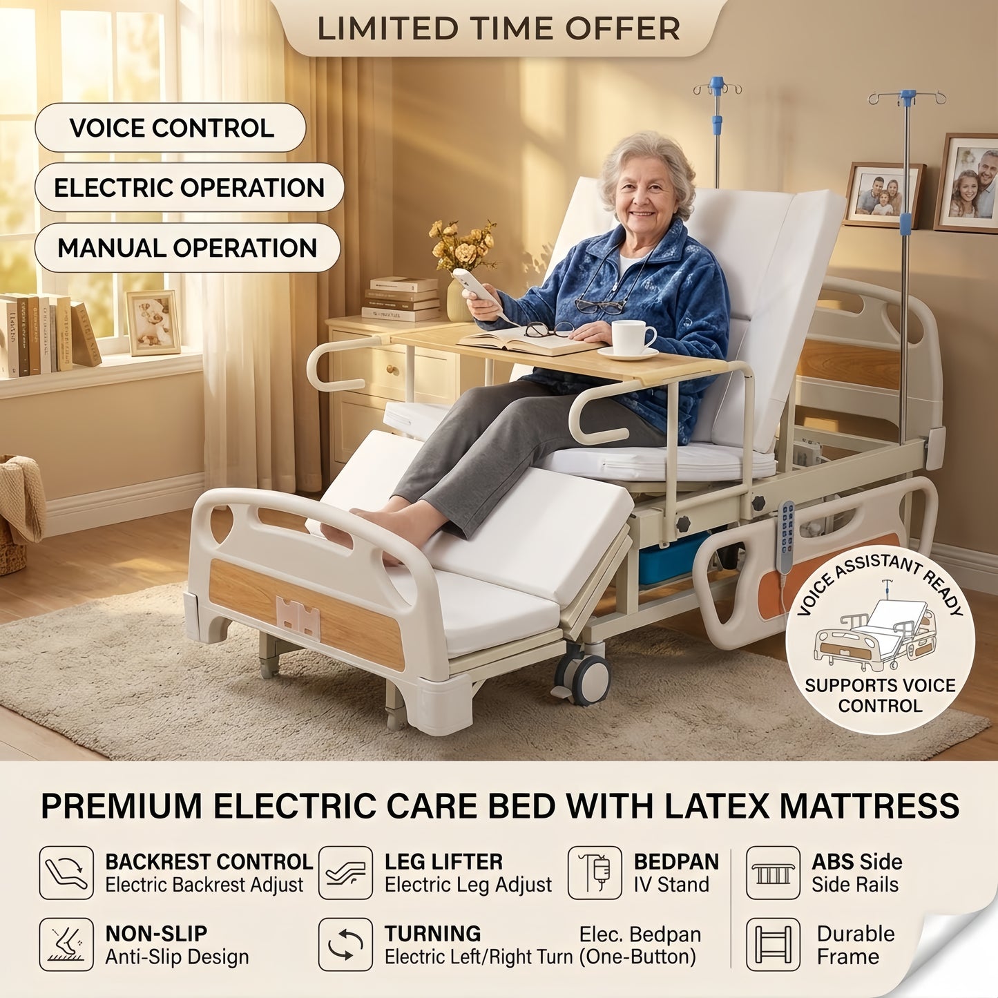 OYAY CARE Fully Electric Voice‑Controlled Nursing Bed | Smart Turning Care Bed with Non‑Slip Latex Mattress, Electric Backrest & Leg Lift for Home Elderly Care