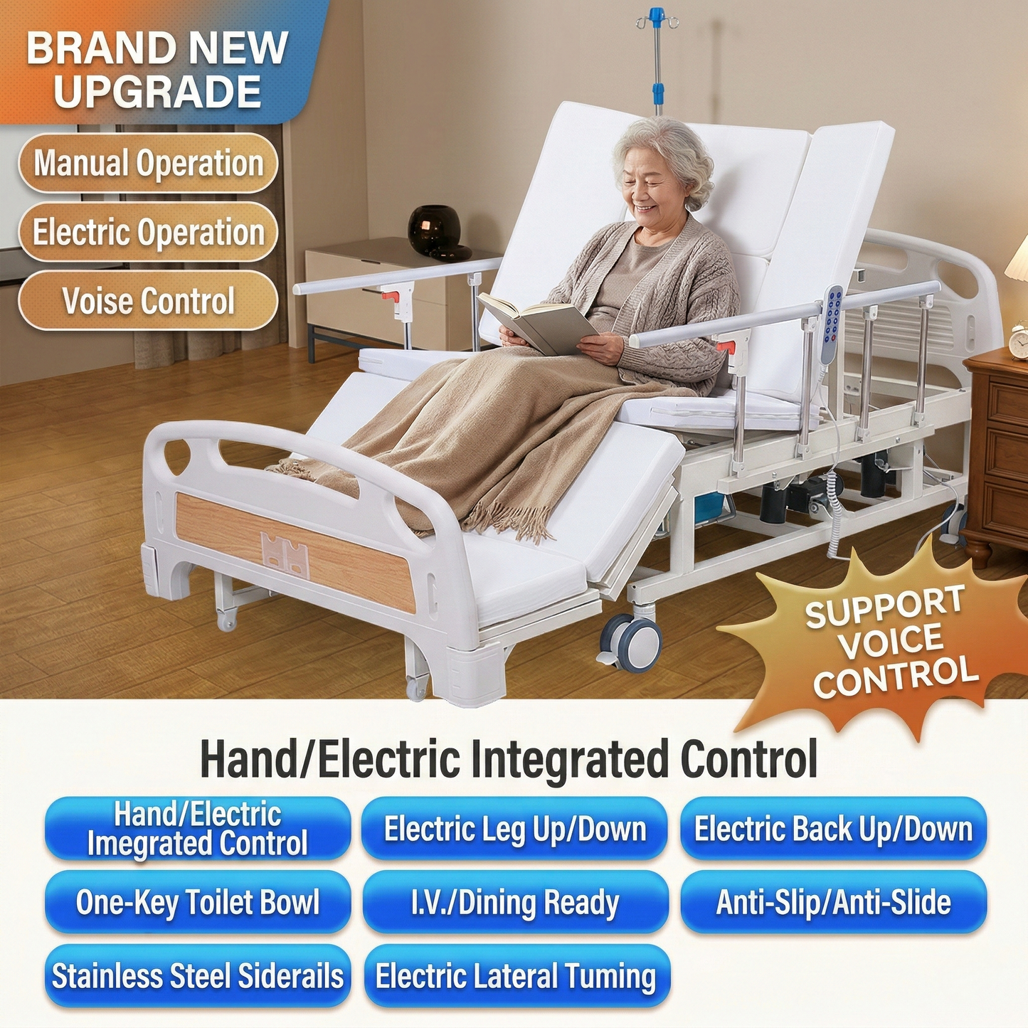 OYAY CARE Fully Electric Voice‑Controlled Nursing Bed | Smart Turning Care Bed with Non‑Slip Latex Mattress, Electric Backrest & Leg Lift for Home Elderly Care
