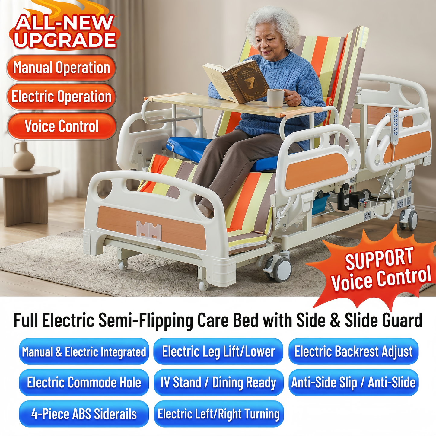 OYAY CARE Fully Electric Voice‑Controlled Nursing Bed | Smart Turning Care Bed with Non‑Slip Latex Mattress, Electric Backrest & Leg Lift for Home Elderly Care