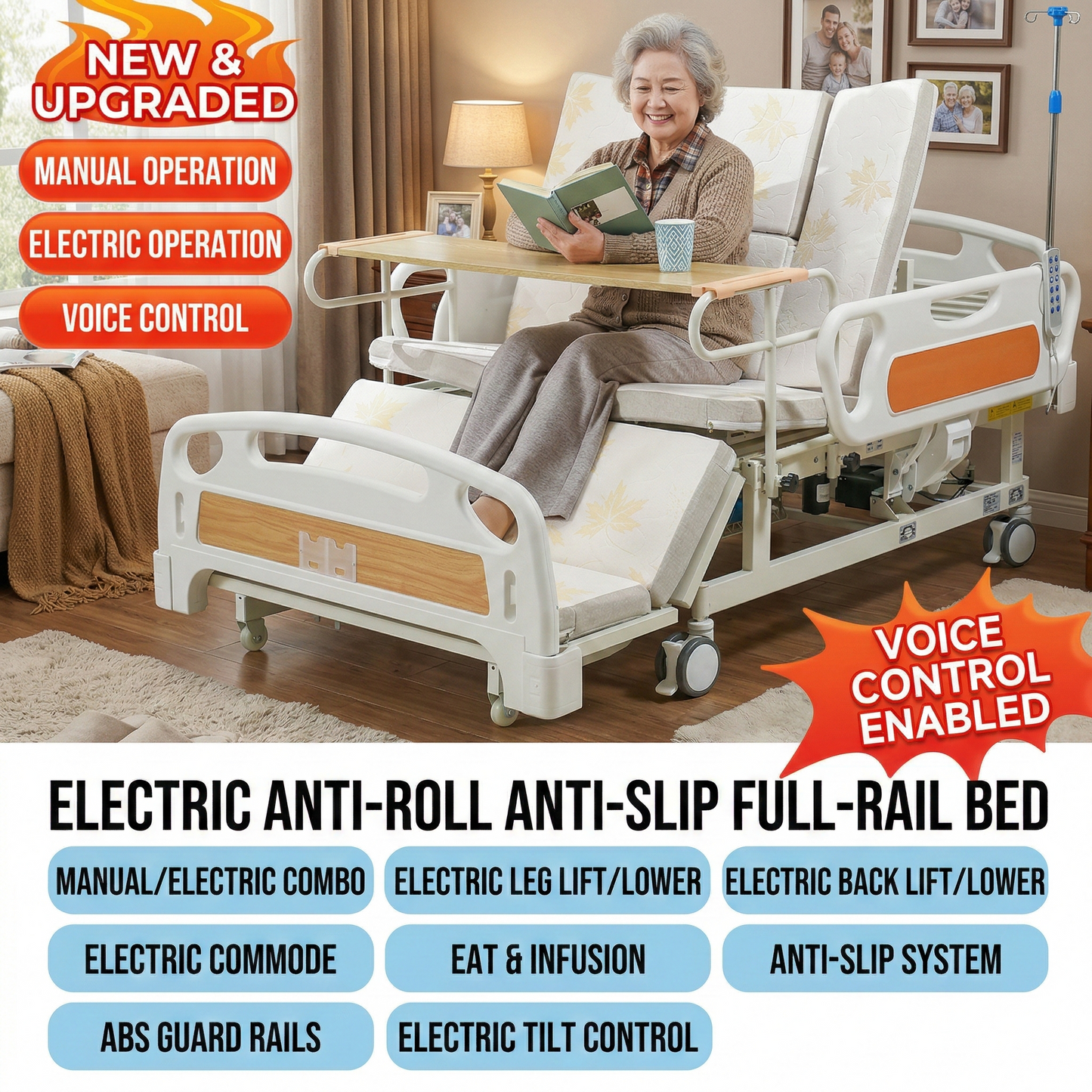 OYAY CARE Fully Electric Voice‑Controlled Nursing Bed | Smart Turning Care Bed with Non‑Slip Latex Mattress, Electric Backrest & Leg Lift for Home Elderly Care